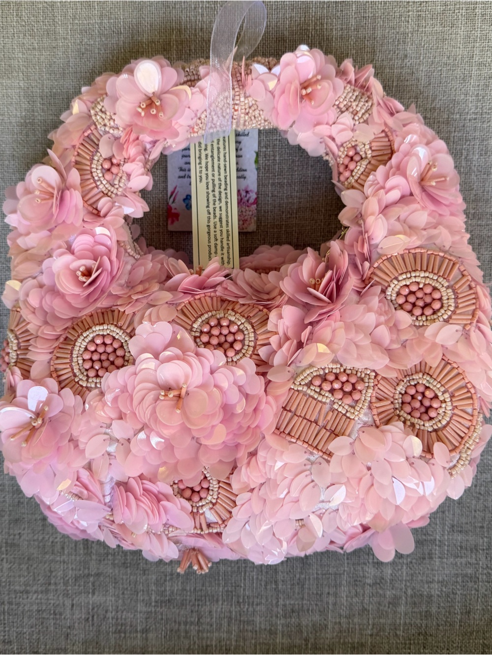 Hobo Bag Beaded Pink Floral Beaded Sequin Handcrafted in India